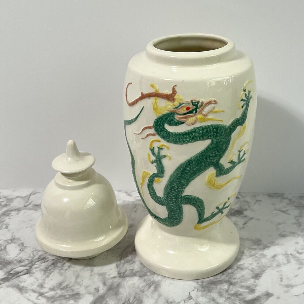 VINTAGE Ming Dragon Lidded Ceramic Vase Apothecary Pot Asian White and Green - Picture 4 of 16